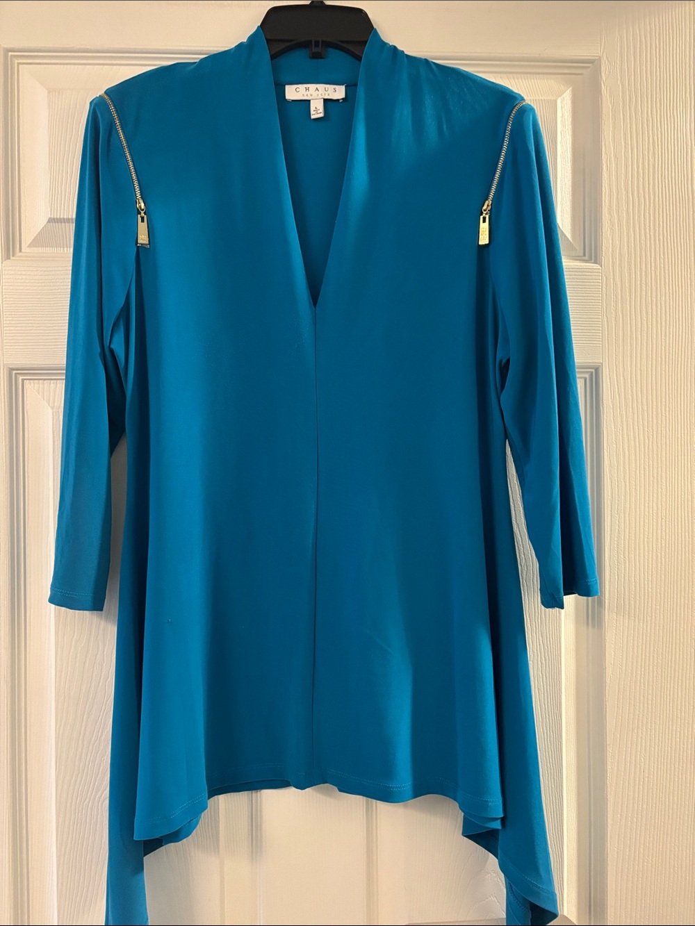 Chaus Teal V-Neck Tunic with Shoulder Zips